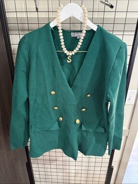Marled Emerald Green Double-Breasted Blazer with Gold Buttons